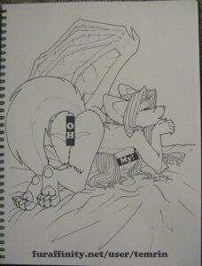 Rating: Questionable Score: 0 Tags: anthro canid canine censor_bar censored e621 female hair long_hair mammal membrane_(anatomy) membranous_wings monochrome nude paws simple_background solo tail temrin text url white_background wings User: bunchy7s