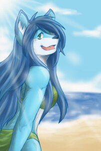 Rating: Safe Score: 0 Tags: anthro beach bikini blue_body blue_fur blue_hair breasts canid canine canis clothed clothing detailed_background e621 female fox fur green_eyes hair hybrid looking_at_viewer mammal medium_breasts midriff outside rikitsu sand seaside skimpy sky solo swimwear two-piece_swimsuit water wolf User: bunchy7s