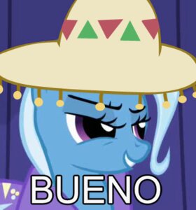Rating: Safe Score: 0 Tags: bueno clothing e621 equid equine eyelashes female feral friendship_is_magic grandfathered_content hasbro hat headgear headwear horse image_macro low_res mammal meme my_little_pony pony reaction_image solo sombrero spanish_text text translated trixie_(mlp) unknown_artist User: bunchy7s