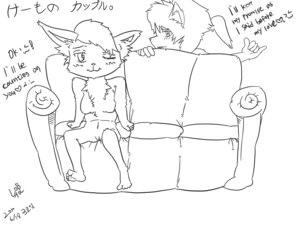 Rating: Questionable Score: 0 Tags: 2010 4:3 anthro black_and_white canid canine canis domestic_dog duo e621 female furniture japanese_text korean_text lobtol male mammal monochrome one_eye_closed simple_background sketch smile sofa text white_background wink User: bunchy7s