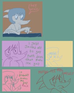 Rating: Safe Score: 0 Tags: 4:5 ambiguous_gender asscastle cate_wurtz cigarette comic drama e621 english_text five_frame_image humor lamezone scared smoking solo stereotype suicide text unknown_species worried User: bunchy7s
