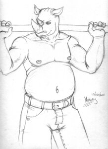 Rating: Safe Score: 0 Tags: 2011 anthro athletic athletic_anthro athletic_male belt biped black_and_white bottomwear clothed clothing delicatessen denim denim_bottomwear denim_clothing e621 exercise front_view graphite_(artwork) horn jeans male mammal monochrome navel nipples pants pecs portrait rhinoceros slightly_chubby solo standing three-quarter_portrait topless traditional_media_(artwork) weightlifting workout User: bunchy7s