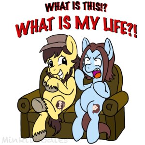 Rating: Safe Score: 0 Tags: 1:1 alternate_species amused angry arin_hanson cutie_mark duo e621 english_text equid equine feral furniture game_grumps hasbro horse jon_jafari male mammal minkidoodles my_little_pony ponification pony smile sofa text User: bunchy7s