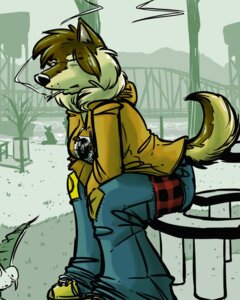 Rating: Safe Score: 0 Tags: 4:5 anthro breasts canid canine canis charly clothing detailed_background e621 emmm female mammal outside park river smoking snow solo tail urban winter wolf User: bunchy7s