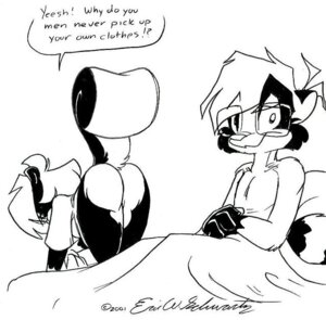 Rating: Questionable Score: 0 Tags: 2001 4_fingers anthro bed bent_over butt dialogue duo e621 english_text eric_schwartz eyewear female fingers furniture glasses gloves_(marking) looking_at_viewer male mammal markings mephitid monochrome mooning on_bed procyonid raccoon raised_tail rear_view richard_conrad sabrina_(sabrina_online) sabrina_online signature simple_background sitting skunk smile smirk standing striped_skunk tail text white_background User: bunchy7s