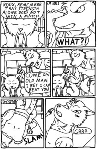 Rating: Safe Score: 0 Tags: anthro canid canine canis claw_mackain comic dialogue e621 english_text hi_res lagomorph leporid male mammal monochrome rabbit roox_cotan sako_gunai text wolf User: bunchy7s