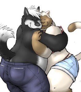 Rating: Safe Score: 0 Tags: ambiguous_gender anthro bottomwear canid canine canis clothed clothing dipstick_tail domestic_cat domestic_dog duo e621 eyes_closed felid feline felis hug husky kronexfire male mammal markings nordic_sled_dog overweight shorts smile spitz tail tail_markings topless User: bunchy7s