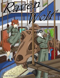 Rating: Safe Score: 0 Tags: blue_eyes canid canine clothed clothing comic cover cover_art cover_page coveralls dinosaur duo e621 english_text eve_cadrey female feral fitz_cadrey fox fur green_eyes grey_body grey_fur kurapika male mammal museum orange_body orange_fur prehistoric_species procyonid raccoon raven_wolf reptile scalie scientist text User: bunchy7s