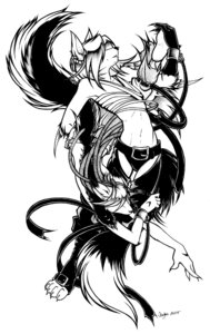 Rating: Safe Score: 0 Tags: anthro bandage belt buckle canid canine canis dreadlocks duo e621 fox jackal jaybee male mammal monochrome straps tail User: bunchy7s