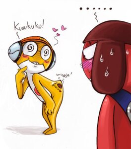 Rating: Questionable Score: 0 Tags: 2008 ambiguous/ambiguous ambiguous_gender amphibian anthro blush butt duo e621 exclamation_point flirting giroro heart_symbol keronian kururu low_res owlgem sgt._frog shaking_butt tattoo unavailable_at_source User: bunchy7s