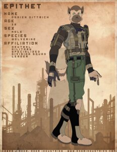 Rating: Safe Score: 0 Tags: 2008 anthro armband armor body_armor boots clothing e621 english_text epithet footwear gloves green_eyes gulonine handwear j_axer male mammal military military_uniform mustelid musteline shoes solo straps tail text uniform wolverine User: bunchy7s