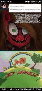 Rating: Safe Score: 0 Tags: 2013 ask_pun bloodshot_eyes brown_hair close-up cloud collar comic creepy cutie_mark dialogue e621 earth_pony english_text equid equine eyes_closed fan_character female feral flower fur green_eyes grimdark hair happy hasbro hewison hi_res horse looking_at_viewer mammal my_little_pony nightmare_fuel open_mouth plant pony pun_pony rainbow red_body red_fur sharp_teeth sky smile soul_devouring_eyes sun teeth text tree tumblr url User: bunchy7s