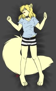 Rating: Questionable Score: 0 Tags: anthro bed bell biped blonde_hair boxers_(clothing) claws clothed clothing collar e621 female furniture hair hi_res looking_at_viewer lying orange_eyes popcornkitten solo tail underwear User: bunchy7s