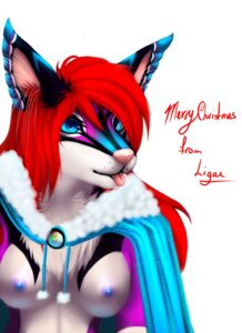 Rating: Questionable Score: 0 Tags: anthro breasts canid canine canis clothed clothing e621 english_text female hair half-length_portrait hi_res ligax ligax_(character) mammal nipples portrait red_hair simple_background solo text topless wolf User: bunchy7s