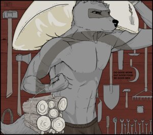 Rating: Safe Score: 0 Tags: anthro canid canine canis cenizo clothed clothing e621 male mammal muscular muscular_anthro muscular_male ozinec solo tail tools topless wolf wood work workshop User: bunchy7s