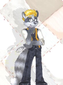Rating: Safe Score: 0 Tags: 5_fingers anthro biped blonde_hair bottomwear clothed clothing collared_shirt dipstick_tail dress_shirt e621 eyewear fingers footwear front_view full-length_portrait fully_clothed fur glasses grey_body grey_fur grey_nose hair holding_object holding_tool looking_at_viewer male mammal markings mouth_hold multicolored_tail pants portrait procyonid raccoon rolled_up_sleeves scissors sewing_pin shirt shoes short_hair smile solo standing tail tail_markings tailor tape_measure thatoneguyyouknow tools topwear vest white_body white_fur User: bunchy7s