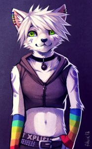 Rating: Safe Score: 0 Tags: 2012 anthro clothed clothing digital_media_(artwork) digital_painting_(artwork) domestic_cat e621 ear_piercing falvie felid feline felis femboy fur green_eyes hair male mammal markings painting_(artwork) piercing purple_background purple_markings rainbow rainbow_piercings simple_background solo white_body white_fur white_hair User: bunchy7s