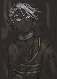 Rating: Safe Score: 0 Tags: aliasing black_body black_skin clothed clothing collar digital_media_(artwork) e621 ear_piercing elf front_view grey_hair hair humanoid humanoid_pointy_ears looking_at_viewer male not_furry oekaki piercing pink_eyes pointy_ears rope shirt short_hair solo topwear torn_clothing unknown_artist User: bunchy7s