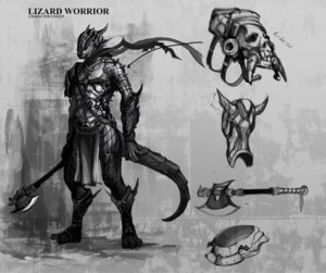 Rating: Safe Score: 0 Tags: abstract_background anthro armor axe bottomwear clothing concept_art e621 greyscale hi_res horn lizard loincloth male mask melee_weapon monochrome plantigrade reptile scalie simple_background sketch solo unknown_artist warrior weapon User: bunchy7s
