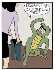 Rating: Safe Score: 0 Tags: anthro bottomwear clothing comic costume crocodile crocodilian duo e621 female fursuit grandfathered_content human killingspr male mammal not_furry_wearing_fursuit pants reptile scalie User: bunchy7s