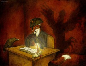 Rating: Safe Score: 0 Tags: 2010 ambiguous_gender anthro avian beak bird bone book candle canid canine clothing copyright_symbol corvid corvus_(genus) crow culpeofox duo e621 feral fox hat headgear headwear male mammal oscine passerine raven shadow skull symbol tail warm_colors wax User: bunchy7s