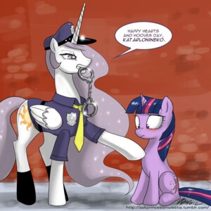 Rating: Questionable Score: 0 Tags: 1:1 2012 badge blush clothing cuff_(restraint) cutie_mark duo e621 english_text equid equine fan_character feathered_wings feathers female female/female feral friendship_is_magic fur hair handcuffs hasbro hat headgear headwear horn john_joseco mammal metal_cuffs multicolored_hair my_little_pony mythological_creature mythological_equine mythology police princess_celestia_(mlp) princess_molestia purple_body purple_fur purple_hair quadruped restraints shackles tail text twilight_sparkle_(mlp) two_tone_hair unicorn url winged_unicorn wings User: bunchy7s