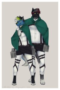 Rating: Safe Score: 0 Tags: 2013 4_toes 5_fingers anthro attack_on_titan belt black_body black_fur blue_body blue_eyes blue_fur border canid canine clothed clothing detts duo e621 feet female fingers fur geordex harness hi_res male mammal priz romantic romantic_couple toes white_border yellow_eyes User: bunchy7s