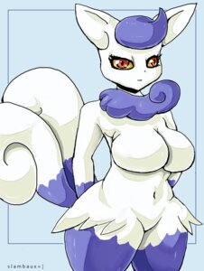 Rating: Questionable Score: 0 Tags: 2_tails anthro anthrofied areola big_breasts blue_body blue_fur blue_hair breasts e621 felid female fur generation_6_pokemon gloves_(marking) hair mammal markings meowstic meowstic_(female) multi_tail nintendo pokemon pokemon_(species) pokemorph red_eyes slambaux solo source_request tail thigh_highs_(marking) white_body white_fur yellow_sclera User: bunchy7s