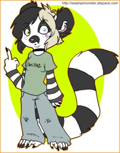 Rating: Safe Score: 0 Tags: alternative_fashion anthro band_merch band_shirt bottomwear clothed clothing e621 female gesture glamfur gorillaz goth hair hand_gesture heterochromia lemur looking_at_viewer mall_goth mammal middle_finger pants primate ring-tailed_lemur shirt short_hair solo strepsirrhine tail topwear zeriara zeriara_(character) User: bunchy7s