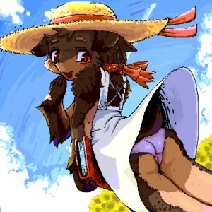 Rating: Questionable Score: 0 Tags: 1:1 anthro blush book bottomwear camel_toe canid canine clothed clothing digital_media_(artwork) e621 female hat headgear headwear kemonono low_res mammal oekaki panties skirt solo underwear upskirt young young_anthro young_female User: bunchy7s