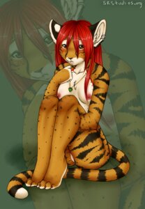 Rating: Questionable Score: 0 Tags: ajna anthro biped blush breasts casual_nudity digital_media_(artwork) e621 ear_piercing felid female green_eyes hair heart_symbol jewelry looking_at_viewer mammal multicolored_eyes necklace nipples nude pantherine piercing red_hair shy sitting solo stripes tail tiger User: bunchy7s