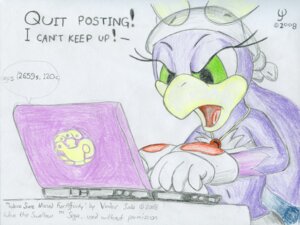 Rating: Safe Score: 0 Tags: 2008 4:3 anthro avian beak bird clothing computer e621 electronics english_text eyewear female furaffinity gloves green_eyes handwear hirundinid jewelry kerchief laptop necklace oscine passerine purple_body sega solo sonic_riders sonic_the_hedgehog_(series) sunglasses swallow_(bird) text tongue vederjuda wave_the_swallow white_clothing User: bunchy7s