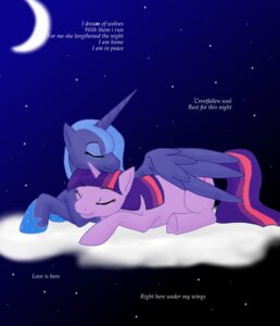 Rating: Safe Score: 0 Tags: blue_body blue_feathers cloud detailed_background duo e621 english_text equid equine eyes_closed feathered_wings feathers female feral friendship_is_magic fur hair hasbro horn kourabiedes mammal multicolored_hair my_little_pony mythological_creature mythological_equine mythology outside princess_luna_(mlp) purple_body purple_fur purple_hair quadruped sky sleeping star tail text toony twilight_sparkle_(mlp) two_tone_hair winged_unicorn wings User: bunchy7s