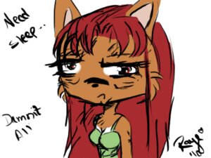 Rating: Safe Score: 0 Tags: 2010 breasts domestic_cat e621 english_text felid feline felis female hair in_abyss low_res mammal raye_(in_abyss) red_eyes red_hair simple_background solo text tired white_background User: bunchy7s