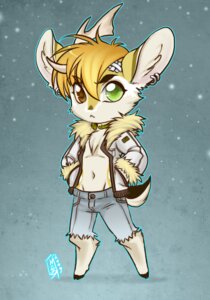 Rating: Safe Score: 0 Tags: 2009 anthro band-aid bandage bottomwear chibi clothing deer e621 ear_piercing edhel heterochromia hooves jacket luckypan male mammal piercing shorts solo topwear User: bunchy7s