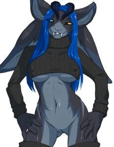Rating: Explicit Score: 0 Tags: anthro blue_hair bottomless breasts clothed clothing e621 female furball furball_(character) genitals hair heterochromia horn hybrid kaisura lagomorph legwear leporid mammal multi_ear navel nipple_outline rabbit shirt solo stockings sweater teeth topwear turtleneck under_boob vulva User: bunchy7s