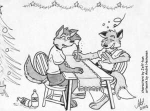 Rating: Safe Score: 0 Tags: 2003 andre_heinonen anthro becky_mooney canid canine canis christmas closet_coon colin_young drunk duo e621 eggnog female fox greyscale holidays line_art male mammal monochrome substance_intoxication tail wolf User: bunchy7s