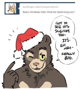 Rating: Safe Score: 0 Tags: anthro artdecade bear christmas christmas_clothing christmas_headwear clothing comic dialogue e621 english_text hat headgear headwear holidays looking_at_viewer male mammal one_eye_closed pom_hat santa_hat sloth_bear solo suggestive text tumblr ursine willy_(artdecade) wink User: bunchy7s