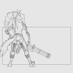 Rating: Safe Score: 0 Tags: 1:1 anthro chaps clothed clothing cybernetics cyera e621 female gatling_gun gun hair krinkels lace m134 machine machine_gun minigun monochrome ponytail prosthetic ranged_weapon solo tail topless weapon User: bunchy7s