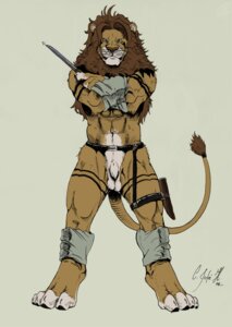 Rating: Explicit Score: 0 Tags: animal_genitalia anthro balls belt belt_only blue_eyes e621 felid flaccid fully_sheathed genitals hi_res knife lion male mammal negy nude pantherine penis sheath shin_(negy) solo tail warrior User: bunchy7s