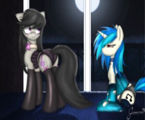 Rating: Questionable Score: 0 Tags: black_hair blue_hair blush bow_(feature) bow_tie clothing collar corset cutie_mark duo e621 earth_pony equid equine female feral friendship_is_magic frown fur gamermac hair half-closed_eyes hasbro horn horse legwear lingerie long_hair looking_back mammal multicolored_hair my_little_pony mythological_creature mythological_equine mythology narrowed_eyes octavia_(mlp) panties pony purple_eyes red_eyes sitting smile stockings topwear torn_clothing two_tone_hair underwear unicorn vinyl_scratch_(mlp) white_body white_fur User: bunchy7s