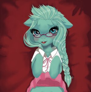 Rating: Questionable Score: 0 Tags: blue_eyes bottomwear braided_hair clothed clothing clothing_lift dress e621 equid equine eyelashes eyewear female feral glasses green_hair hair hasbro hi_res horse lips mammal minibabylizard my_little_pony nude pony red_background red_lips school shirt simple_background skirt skirt_lift solo topwear User: bunchy7s