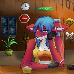Rating: Safe Score: 0 Tags: 1:1 2014 alcohol anthro bar beverage black_nose blue_hair bodily_fluids breasts canid canine cigarette cleavage clothed clothing crying e621 female fingerless_gloves food fox gloves green_eyes hair handwear hi_res kira_thei mammal smoking solo tears vant_talon User: bunchy7s