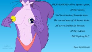 Rating: Questionable Score: 0 Tags: 2013 amethyst_du_sciur breasts clothed clothing cybercorn_entropic e621 english_text female fur hair mammal moon panties poetry purple_body purple_fur purple_hair rodent sciurid solo sun text topless tree_squirrel underwear User: bunchy7s