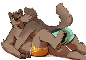 Rating: Safe Score: 0 Tags: anthro butt canid canine canis clothed clothing duo e621 hug joebluefox kissing lying male male/male mammal on_back slightly_chubby tail topless underwear wolf User: bunchy7s