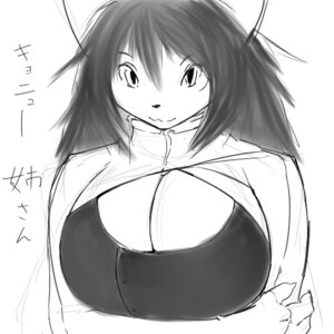 Rating: Questionable Score: 0 Tags: 1:1 anthro big_breasts breasts cleavage cleavage_cutout clothed clothing crossed_arms cutout digital_media_(artwork) e621 female grey_clothing grey_hair grey_topwear greyscale hair half-length_portrait japanese_text looking_at_viewer low_res mammal monochrome myojinius portrait seductive sibling_(lore) simple_background sister_(lore) sketch smile solo text topwear translated unknown_species white_background white_outerwear User: bunchy7s