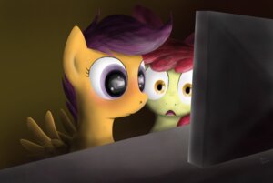 Rating: Safe Score: 0 Tags: 2012 absurd_res apple_bloom_(mlp) blush bodily_fluids duo e621 earth_pony electronics equid equine feathered_wings feathers female feral friendship_is_magic hair hasbro hi_res horse jarwall mammal my_little_pony mythological_creature mythological_equine mythology orange_body orange_feathers pegasus pony purple_eyes purple_hair scootaloo_(mlp) sweat television wing_boner wings young young_feral User: bunchy7s