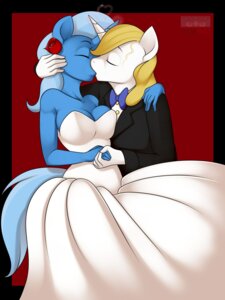 Rating: Safe Score: 0 Tags: 2013 3:4 anthro anthrofied black_tie_(suit) blonde_hair bow_(feature) bow_tie breasts cleavage clothed clothing digital_media_(artwork) dress duo e621 equid equine eyes_closed female flower friendship_is_magic hair hasbro hi_res horse kiss_on_lips kissing kloudmutt male mammal my_little_pony plant pony prince_blueblood_(mlp) romantic romantic_couple rose_(flower) simple_background suit tail trixie_(mlp) wedding wedding_dress white_hair User: bunchy7s