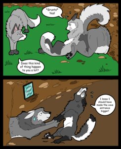 Rating: Safe Score: 0 Tags: butt canid canine canis dialogue e621 english_text feral group male mammal outside stuck tail text toony unknown_artist wolf User: bunchy7s