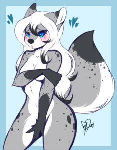 Rating: Safe Score: 0 Tags: anthro black_nose blue_eyes canid e621 female geekidog hair heart_symbol hi_res long_hair mammal nude solo tail white_hair User: bunchy7s